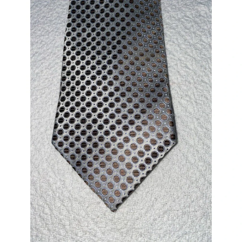 Pronto Uomo Silk Tie Brown Silver Geometric Medallion Handmade 3.5